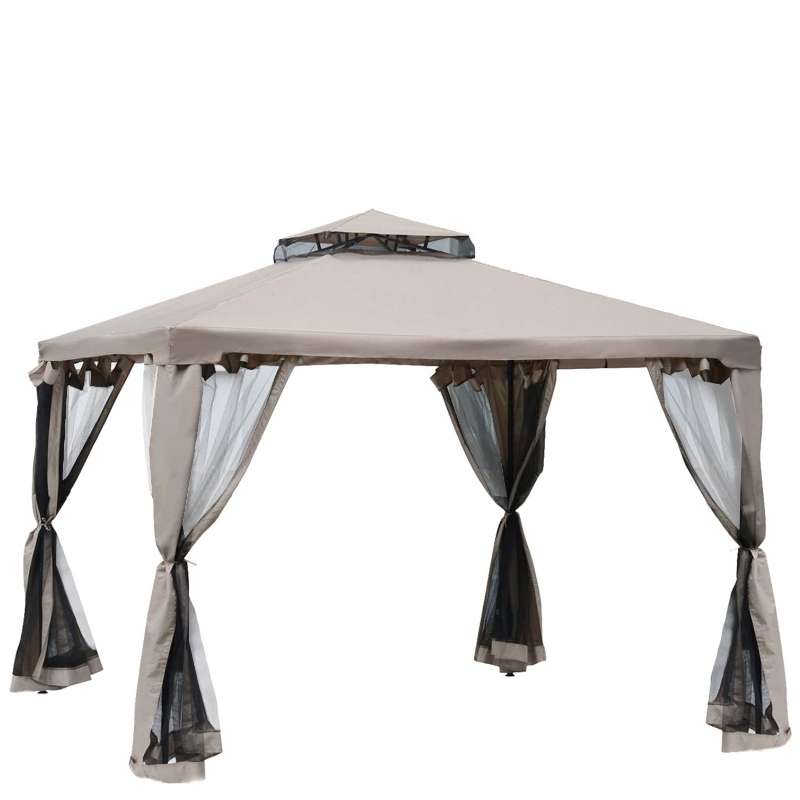 10’ x 10’ Patio Gazebo Pavilhão Canopy Tent, 2-Tier Soft Top com Netting Mesh Sidewalls, Taupe